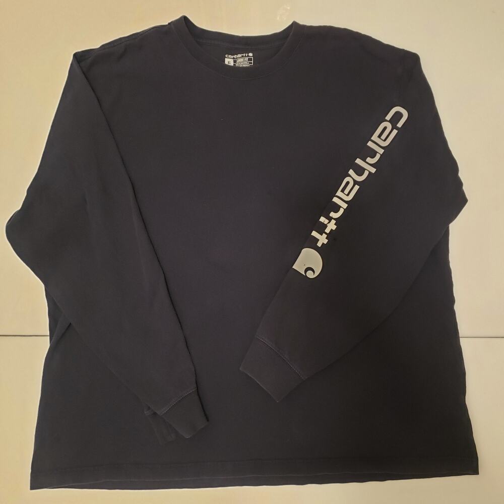 Carhartt Men's Loose Fit Long-Sleeve Logo Sleeve Navy T-Shirt in XL